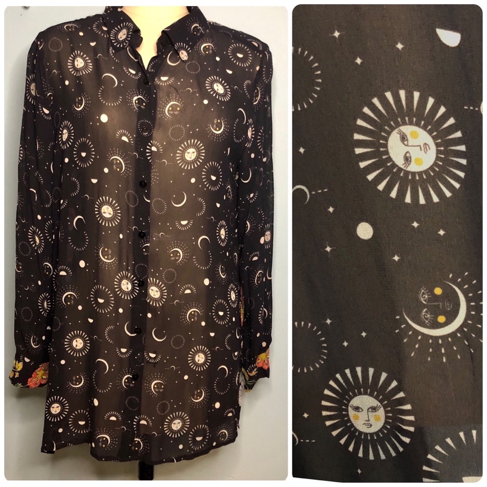 Celestial Johnny Was Jade Floral Sun Moon Bohemian Chic Sheer Blouse M
